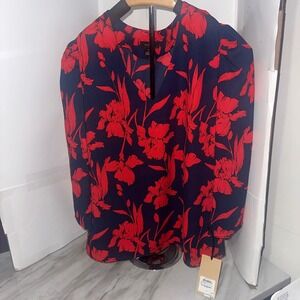 Halogen XS Top Floral Navy Blue Red Autumn Flutter Long Sleeve Blouse